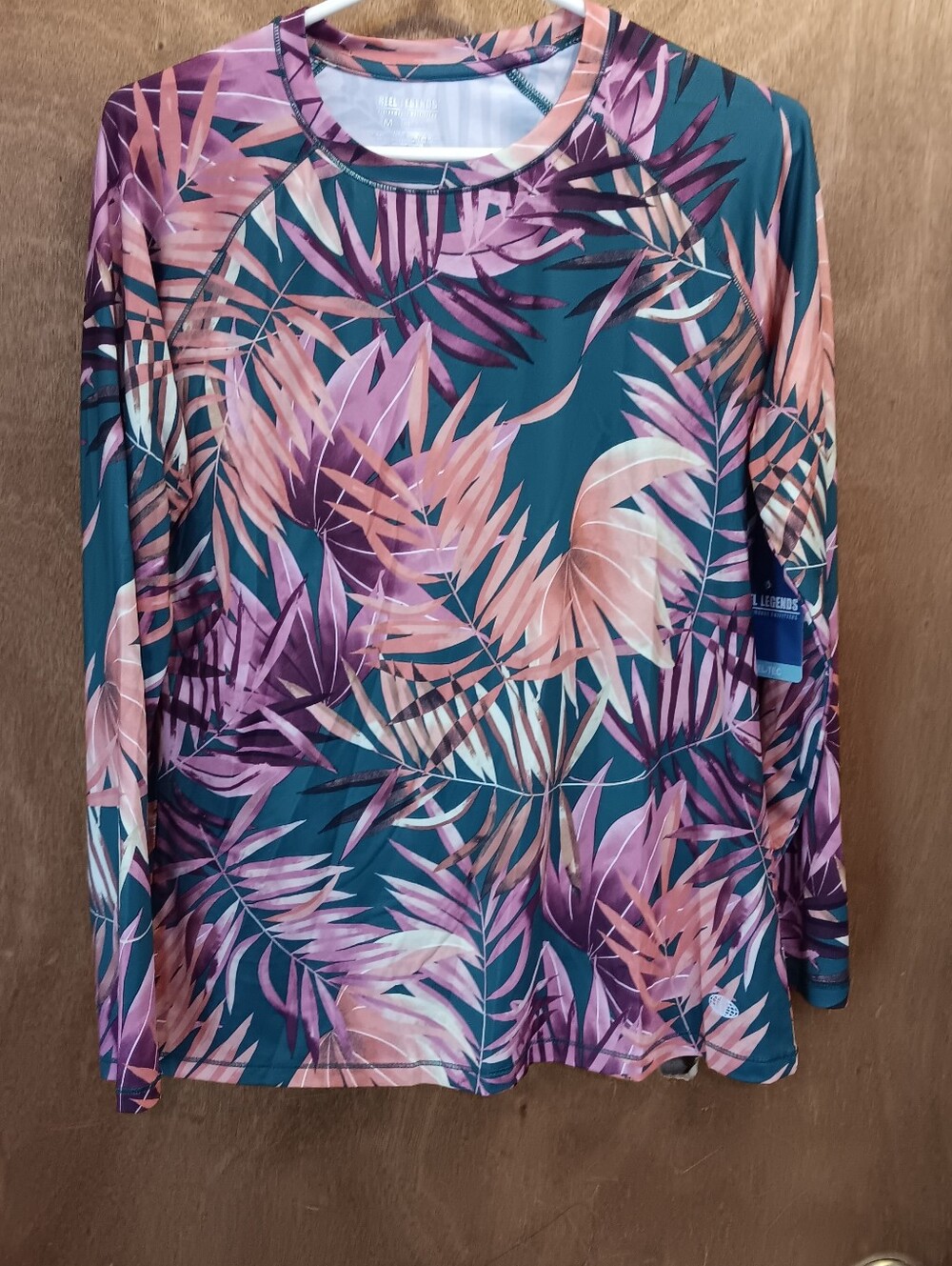 Real Legends Women's Tropical-Leaf Long Sleeve Tee in Teal, Pink & Purple